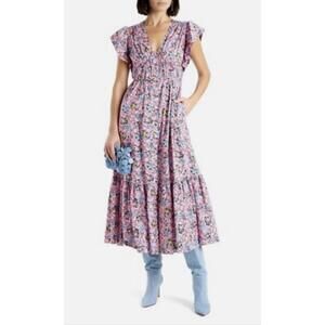 Derek Lam IO Crosby Pink Floral Maxi Dress with V-Neck and Flutter Sleeves